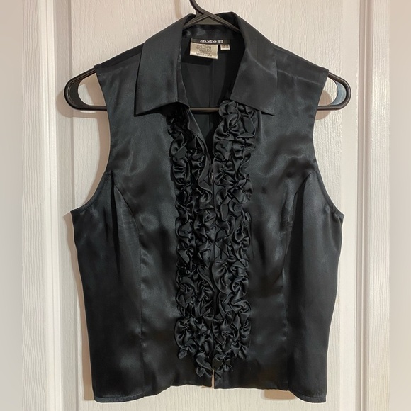 Studio Tops - Studio 100% Silk V-Neck Ruffled Sleeveless Collared Zippered Black Tank UK14